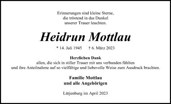 Traueranzeige von Heidrun Mottlau von Kieler Nachrichten