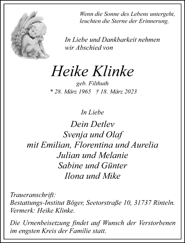  Traueranzeige für Heike Klinke vom 25.03.2023 aus Schaumburger Nachrichten