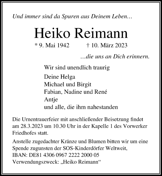 Traueranzeige von Heiko Reimann von Lübecker Nachrichten