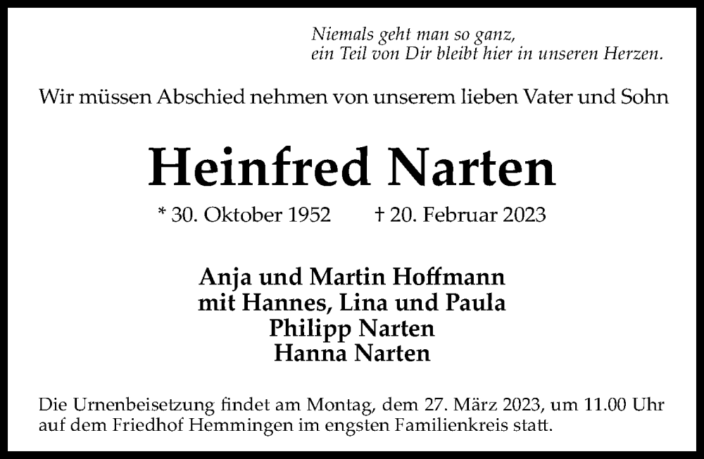  Traueranzeige für Heinfred Narten vom 18.03.2023 aus Hannoversche Allgemeine Zeitung/Neue Presse