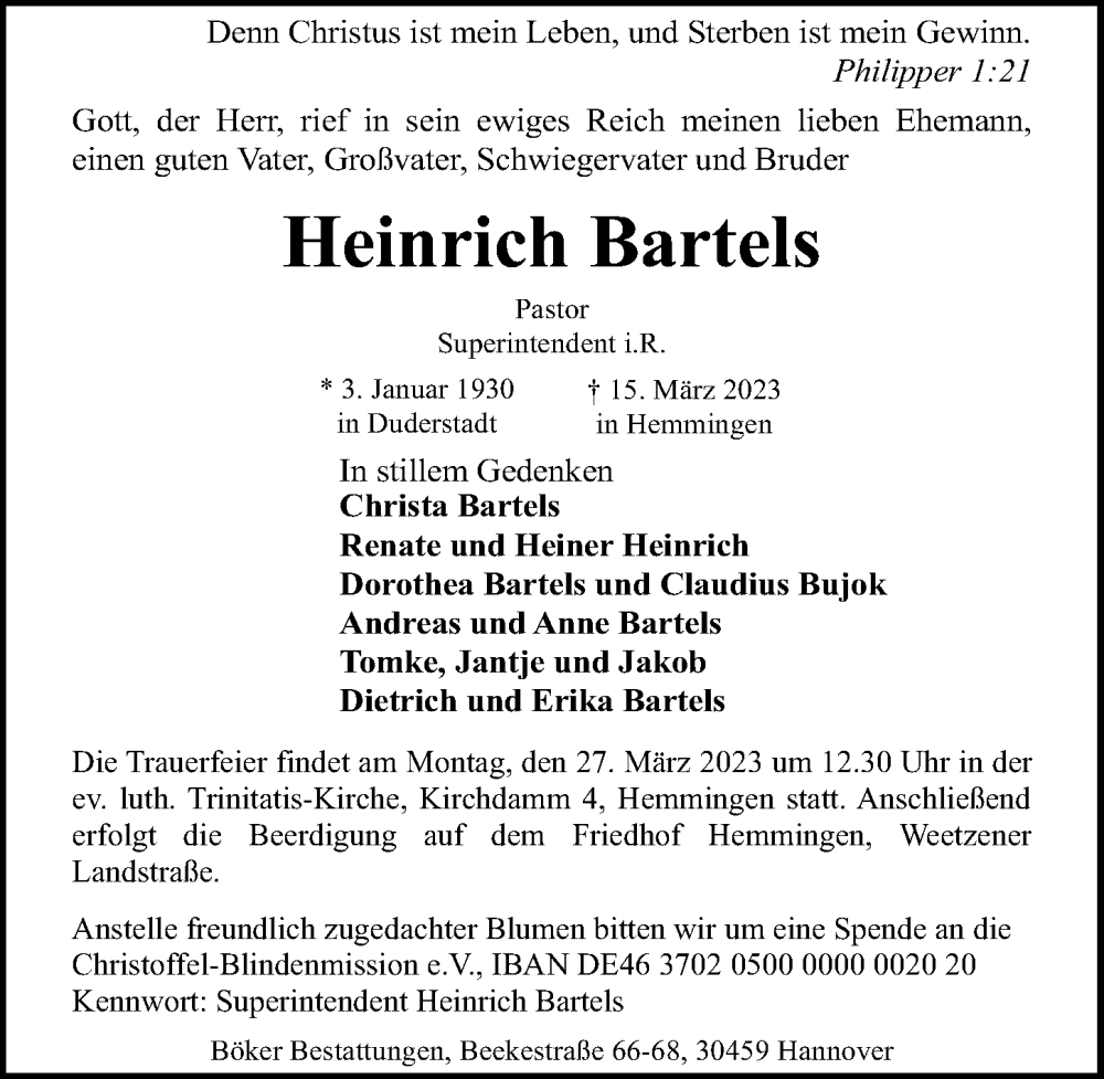  Traueranzeige für Heinrich Bartels vom 18.03.2023 aus Hannoversche Allgemeine Zeitung/Neue Presse