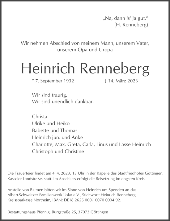Traueranzeige von Heinrich Renneberg von Göttinger Tageblatt
