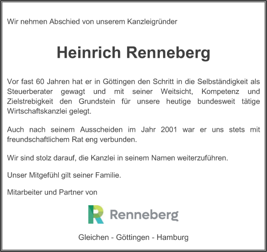 Traueranzeige von Heinrich Renneberg von Göttinger Tageblatt