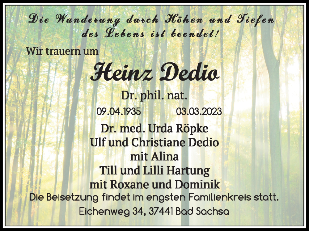  Traueranzeige für Heinz Dedio vom 18.03.2023 aus Kieler Nachrichten