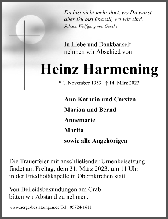 Traueranzeige von Heinz Harmening von Schaumburger Nachrichten