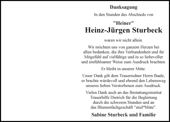 Traueranzeige von Heinz-Jürgen Sturbeck von Ostsee-Zeitung GmbH