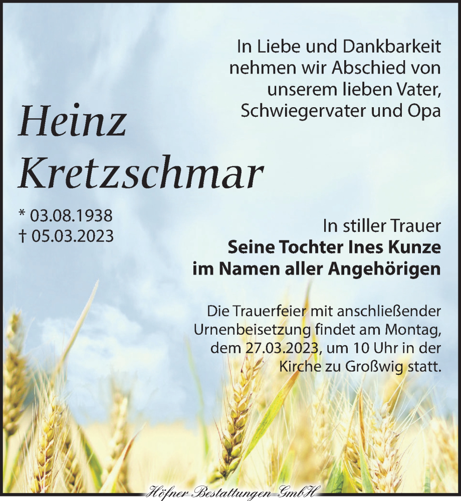  Traueranzeige für Heinz Kretzschmar vom 11.03.2023 aus Torgauer Zeitung