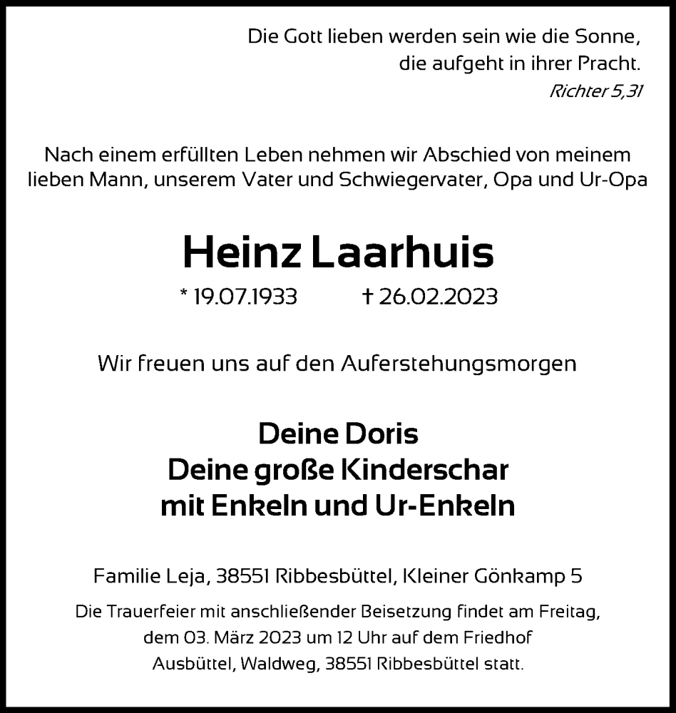  Traueranzeige für Heinz Laarhuis vom 01.03.2023 aus Aller Zeitung
