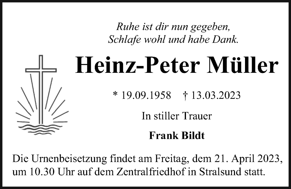  Traueranzeige für Heinz-Peter Müller vom 18.03.2023 aus Ostsee-Zeitung GmbH