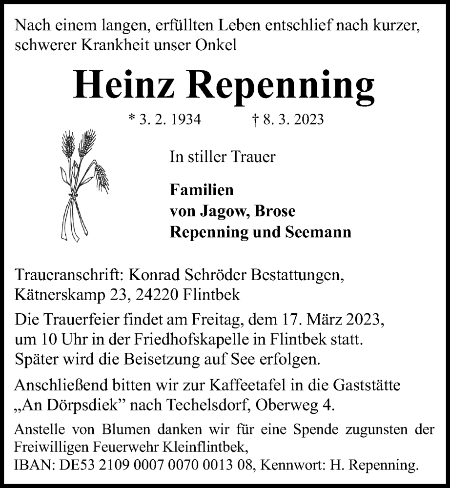  Traueranzeige für Heinz Repenning vom 11.03.2023 aus Kieler Nachrichten