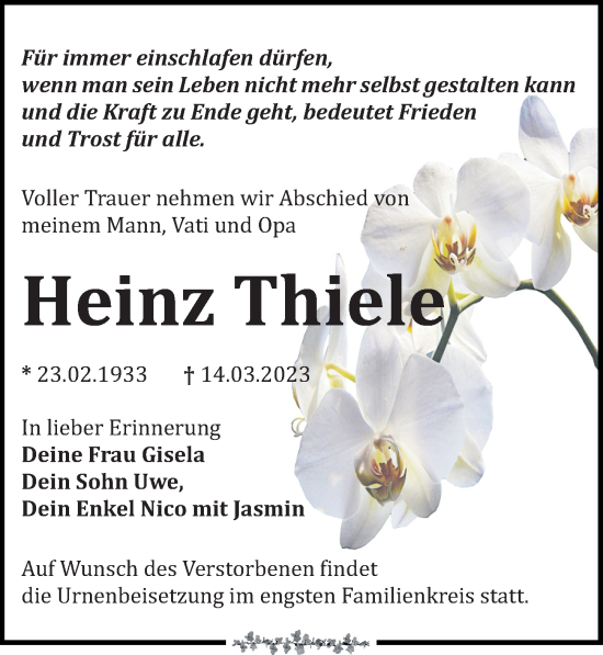 Traueranzeige von Heinz Thiele von Leipziger Volkszeitung