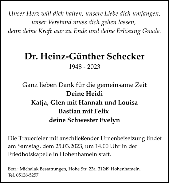 Traueranzeige von HeinzGünther Schecker von Peiner Allgemeine Zeitung