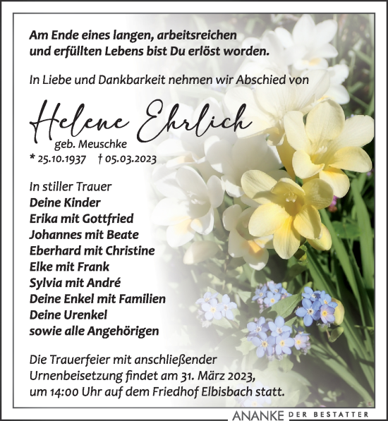 Traueranzeige von Helene Ehrlich von Leipziger Volkszeitung