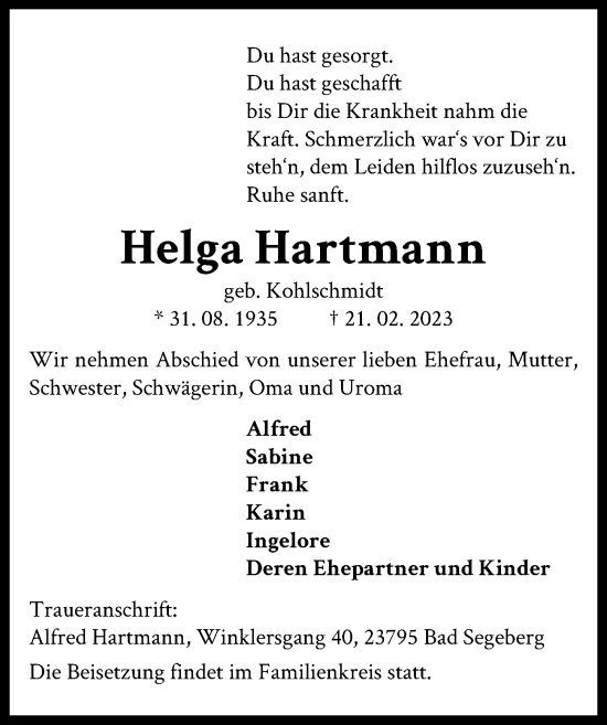 Traueranzeige von Helga Hartmann von Lübecker Nachrichten