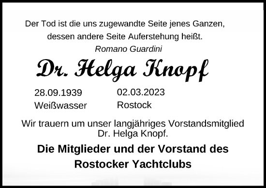 Traueranzeige von Helga Knopf von Ostsee-Zeitung GmbH