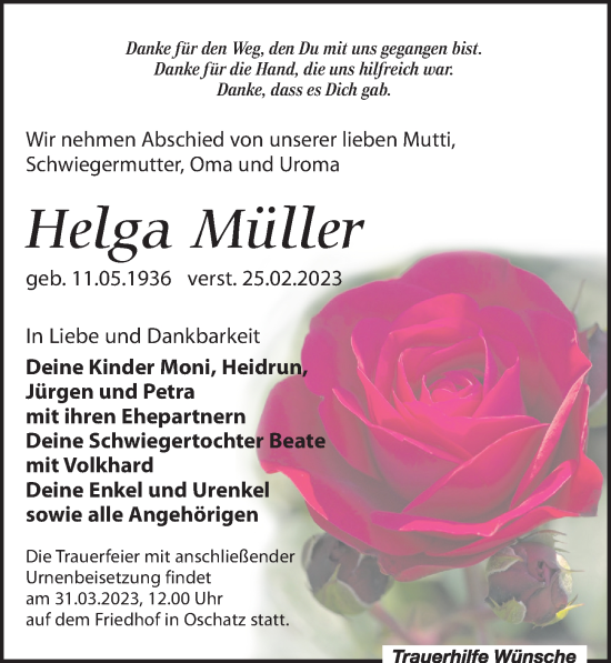 Traueranzeige von Helga Müller von Leipziger Volkszeitung