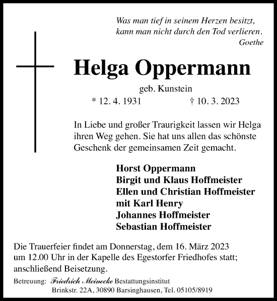 Traueranzeige von Helga Oppermann von Hannoversche Allgemeine Zeitung/Neue Presse
