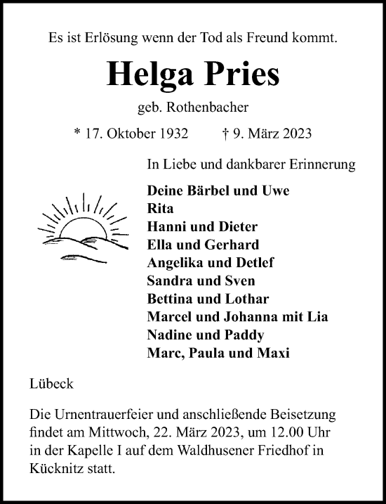Traueranzeige von Helga Pries von Lübecker Nachrichten