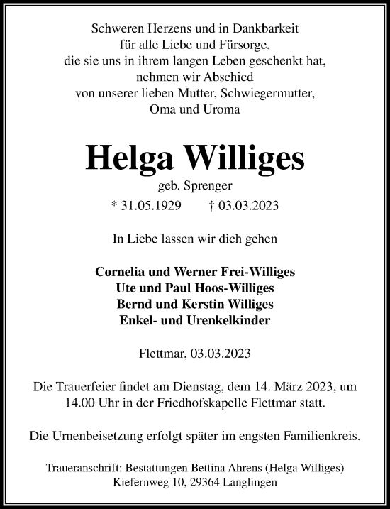 Traueranzeige von Helga Williges von Aller Zeitung