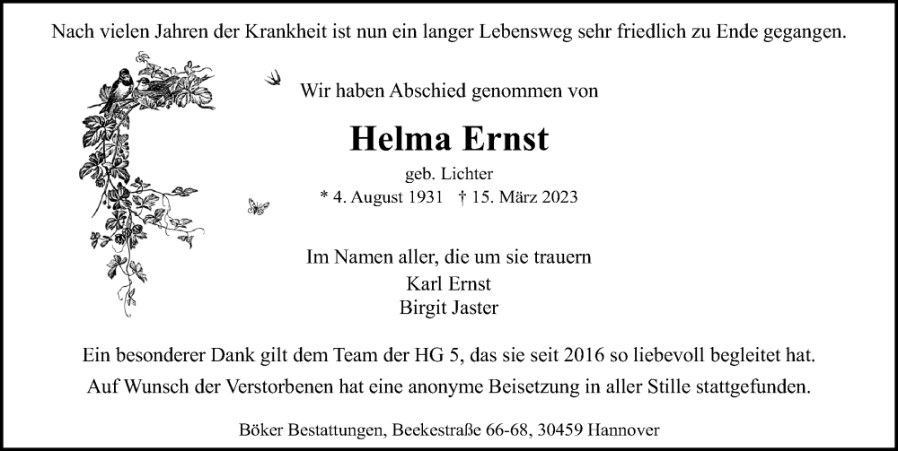  Traueranzeige für Helma Ernst vom 18.03.2023 aus Hannoversche Allgemeine Zeitung/Neue Presse