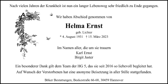 Traueranzeige von Helma Ernst von Hannoversche Allgemeine Zeitung/Neue Presse