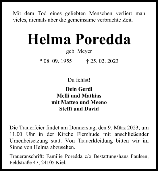 Traueranzeige von Helma Poredda von Kieler Nachrichten