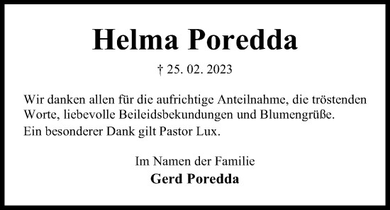Traueranzeige von Helma Poredda von Kieler Nachrichten