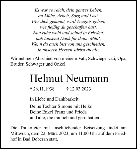 Traueranzeige von Helmut Neumann von Ostsee-Zeitung GmbH