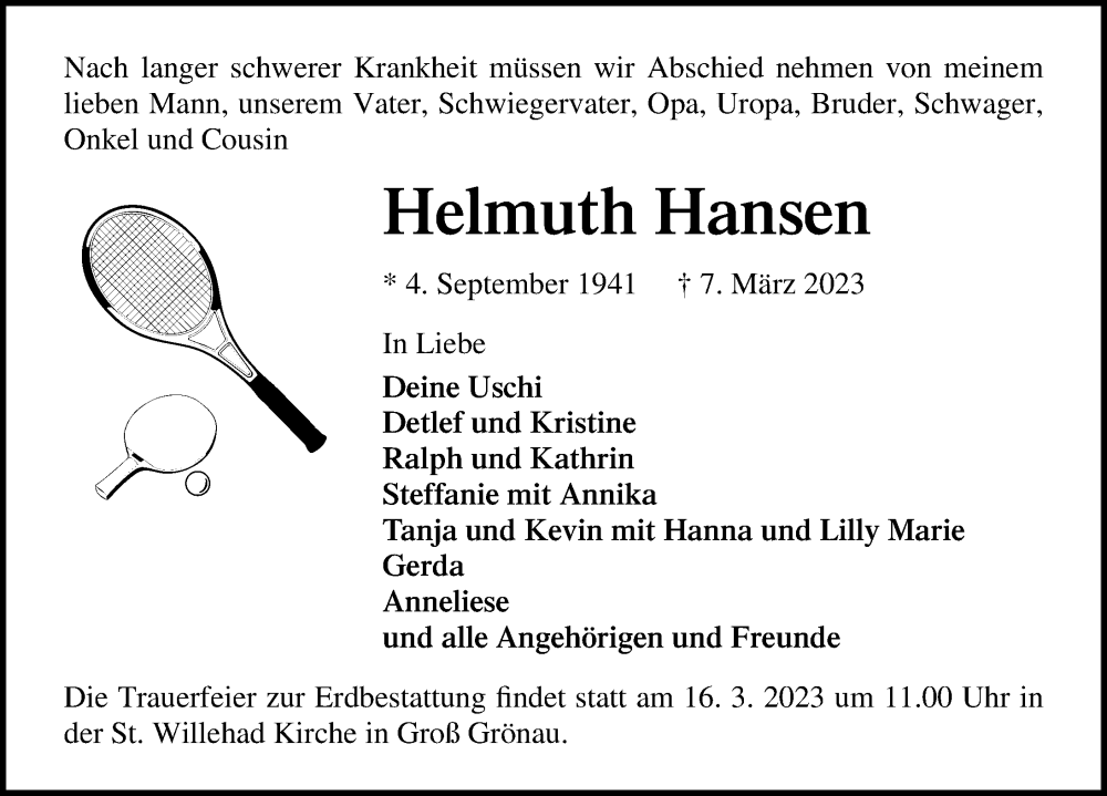  Traueranzeige für Helmuth Hansen vom 12.03.2023 aus Lübecker Nachrichten