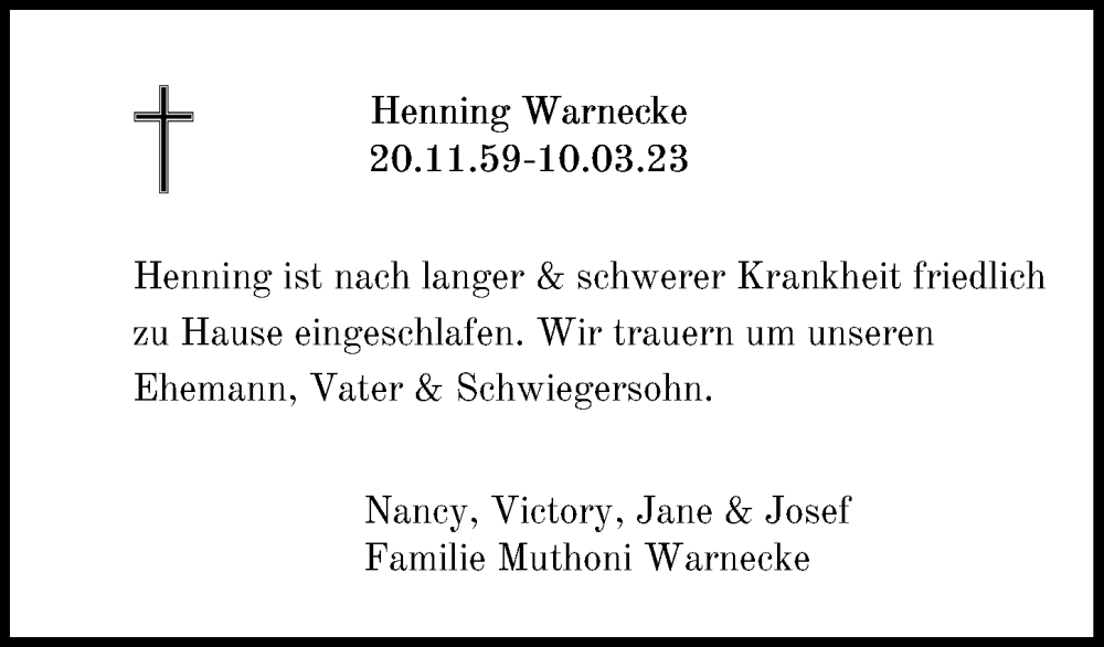  Traueranzeige für Henning Warnecke vom 18.03.2023 aus Aller Zeitung