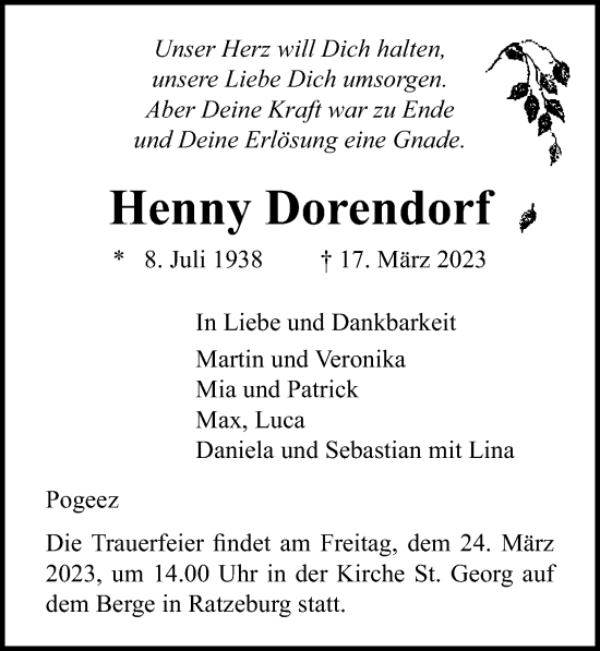 Traueranzeige von Henny Dorendorf von Lübecker Nachrichten
