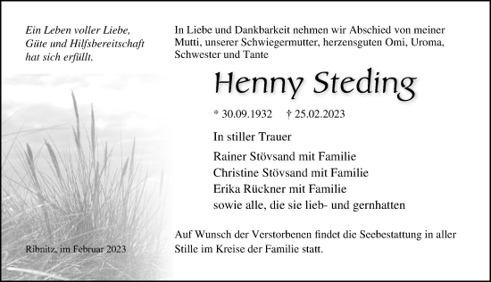 Traueranzeige von Henny Steding von Ostsee-Zeitung GmbH