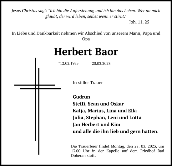 Traueranzeige von Herbert Baor von Ostsee-Zeitung GmbH
