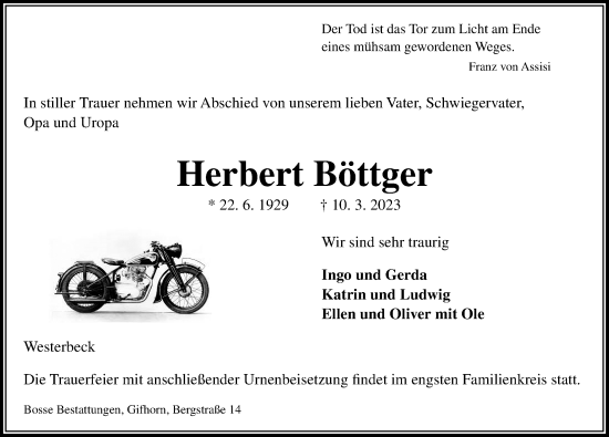 Traueranzeige von Herbert Böttger von Aller Zeitung