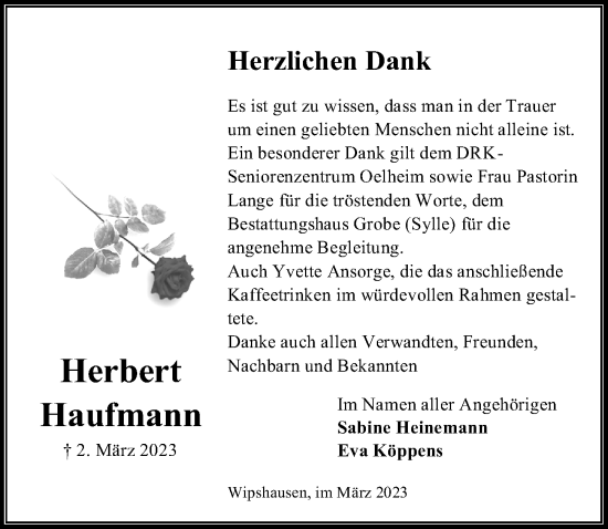 Traueranzeige von Herbert Haufmann von Peiner Allgemeine Zeitung