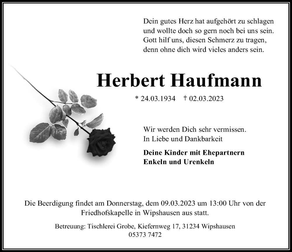  Traueranzeige für Herbert Haufmann vom 07.03.2023 aus Peiner Allgemeine Zeitung