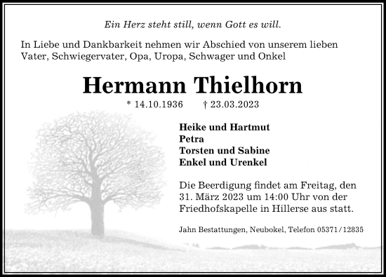 Traueranzeige von Hermann Thielhorn von Aller Zeitung