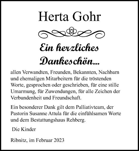 Traueranzeige von Herta Gohr von Ostsee-Zeitung GmbH