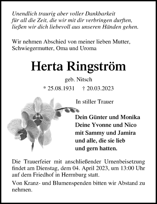 Traueranzeige von Herta Ringström von Ostsee-Zeitung GmbH
