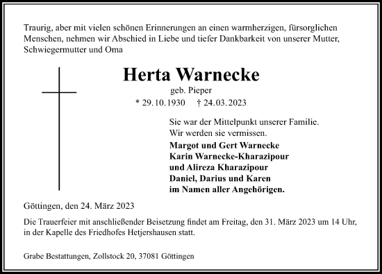 Traueranzeige von Herta Warnecke von Göttinger Tageblatt