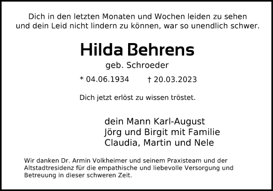 Traueranzeige von Hilda Behrens von Kieler Nachrichten