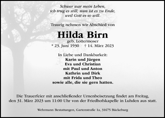 Traueranzeige von Hilda Birn von Schaumburger Nachrichten