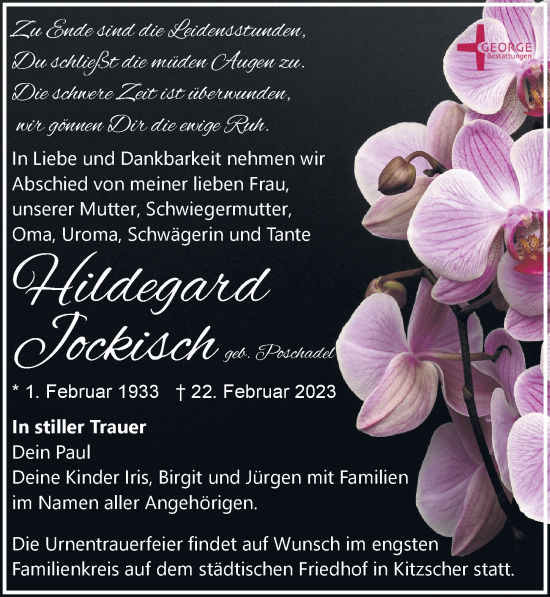 Traueranzeige von Hildegard Jockisch von Leipziger Volkszeitung