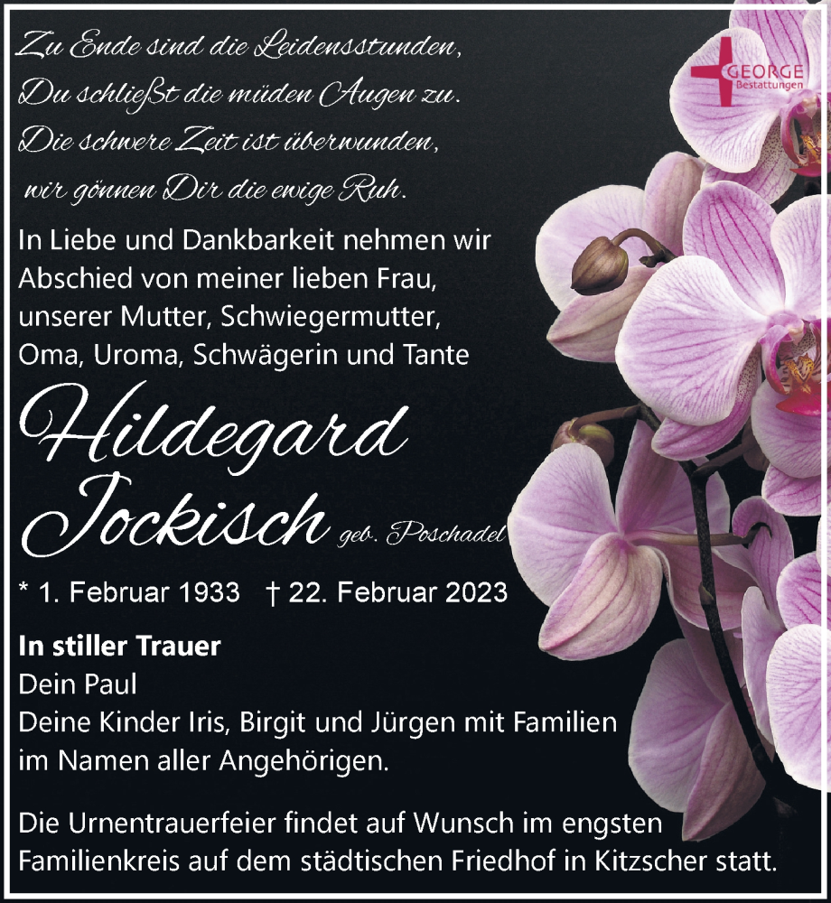  Traueranzeige für Hildegard Jockisch vom 04.03.2023 aus Leipziger Volkszeitung
