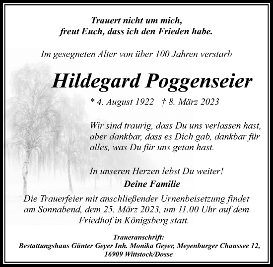 Traueranzeige von Hildegard Poggenseier von Märkischen Allgemeine Zeitung
