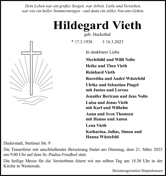 Traueranzeige von Hildegard Vieth von Eichsfelder Tageblatt