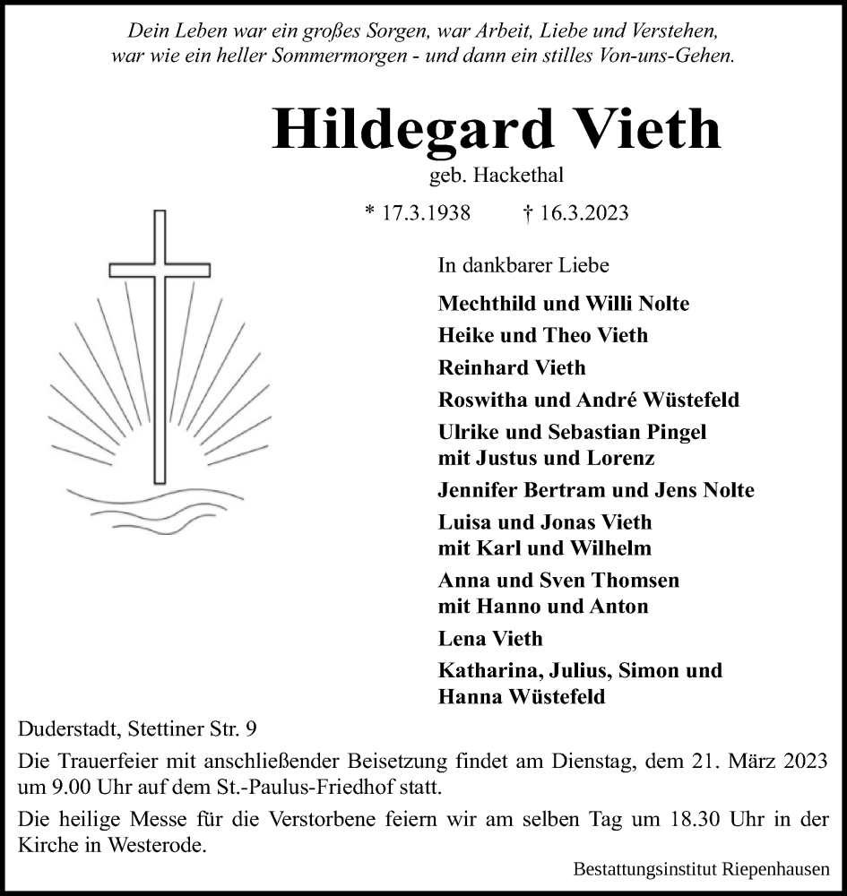  Traueranzeige für Hildegard Vieth vom 18.03.2023 aus Eichsfelder Tageblatt
