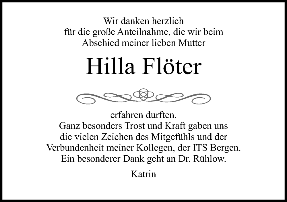  Traueranzeige für Hilla Flöter vom 18.03.2023 aus Ostsee-Zeitung GmbH