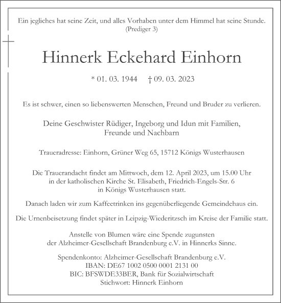 Traueranzeige von Hinnerk Eckehard Einhorn von Märkischen Allgemeine Zeitung