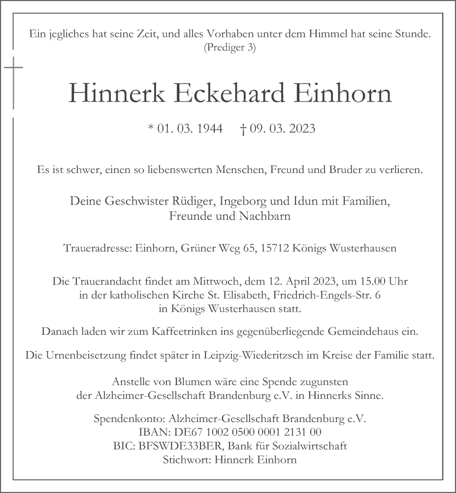  Traueranzeige für Hinnerk Eckehard Einhorn vom 18.03.2023 aus Märkischen Allgemeine Zeitung